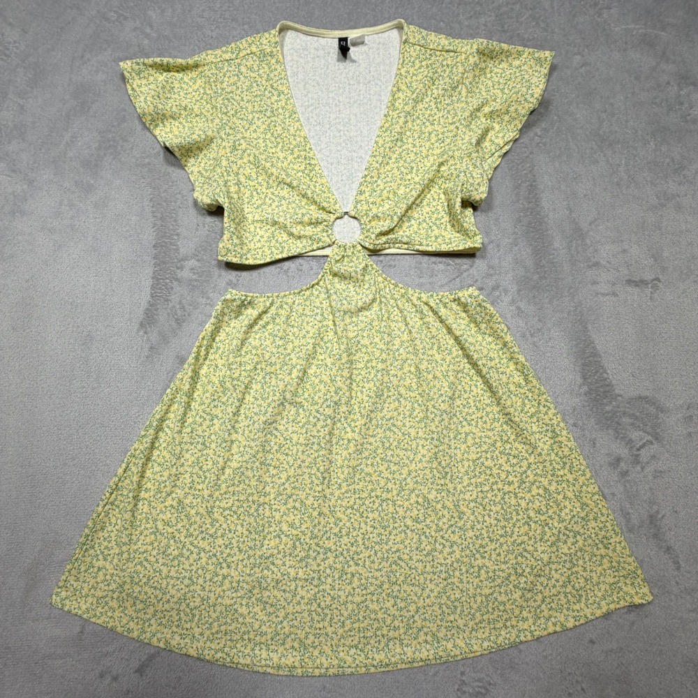 Yellow Floral Cut-Out Mini Sundress Cottagecore Boho Size M‎ Deep V-neck